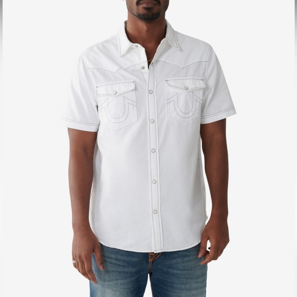TRUE RELIGION Men's Short Sleeve Big T Western Shirt Optic White Button Up SZ XL